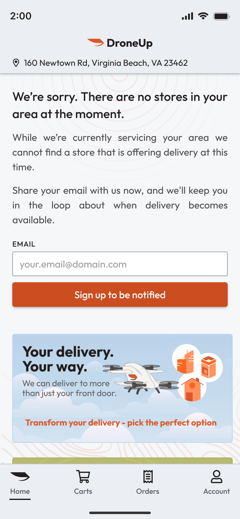 DroneUp mobile commerce home screen showing no available merchants