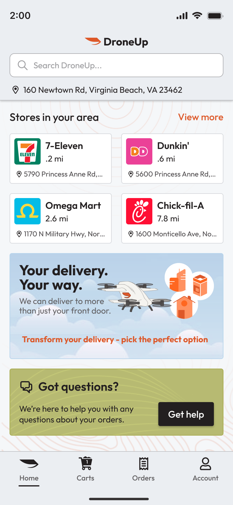 DroneUp mobile commerce home screen