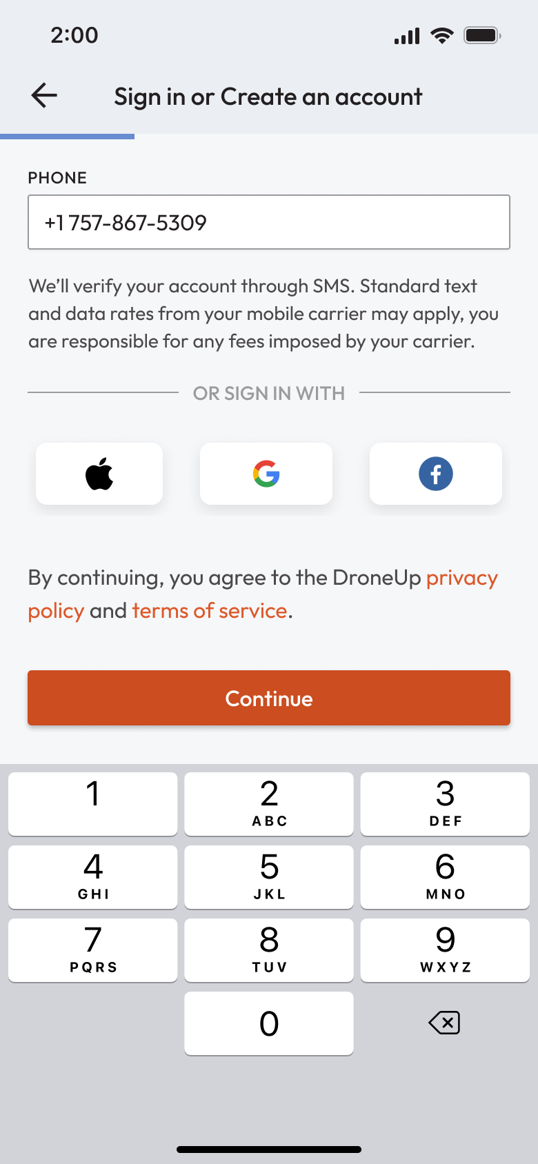 DroneUp mobile commerce home user sign in