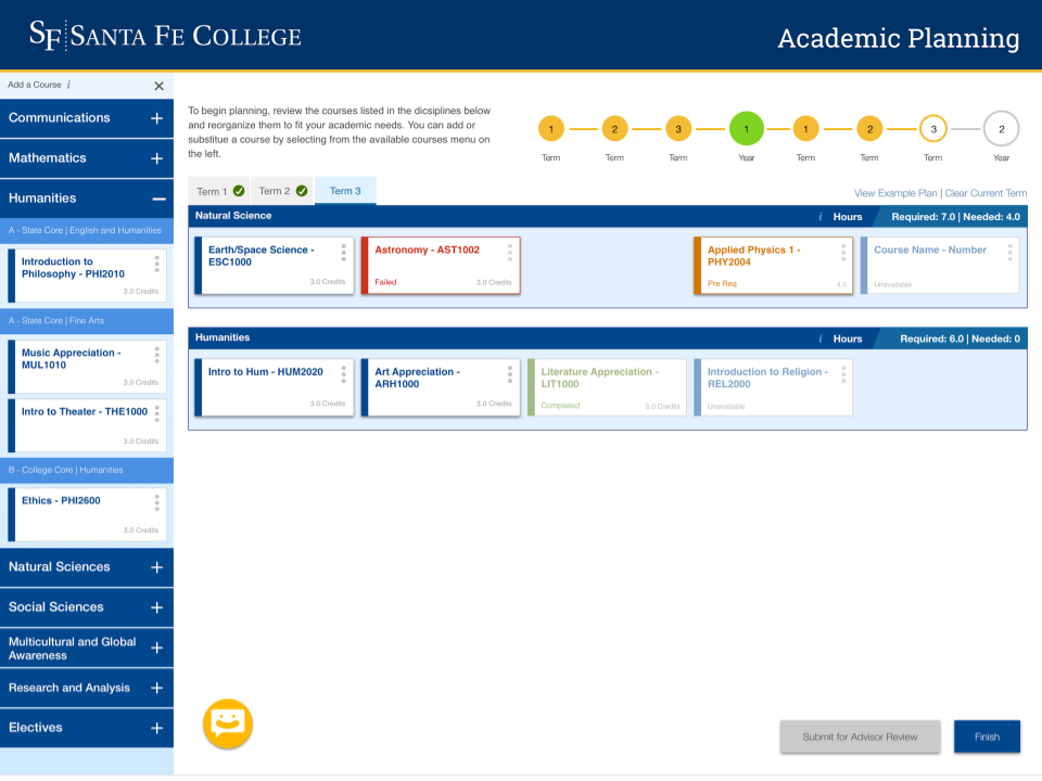 Academic planning desktop initial screen of a senior student