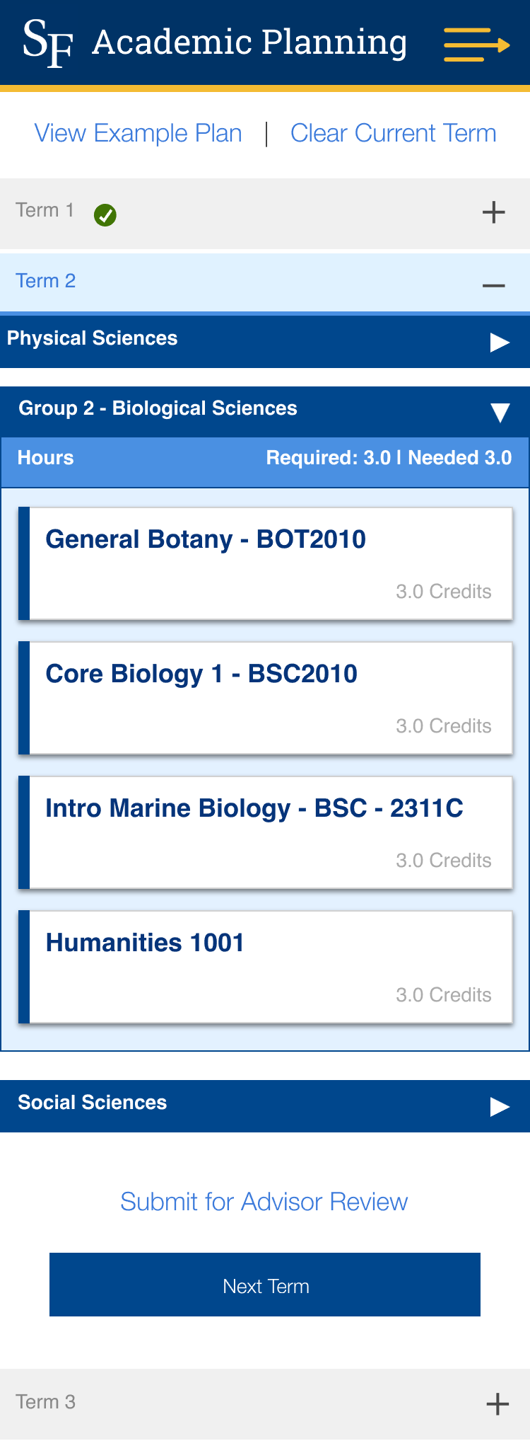 Mobile version of the Academic Planning application