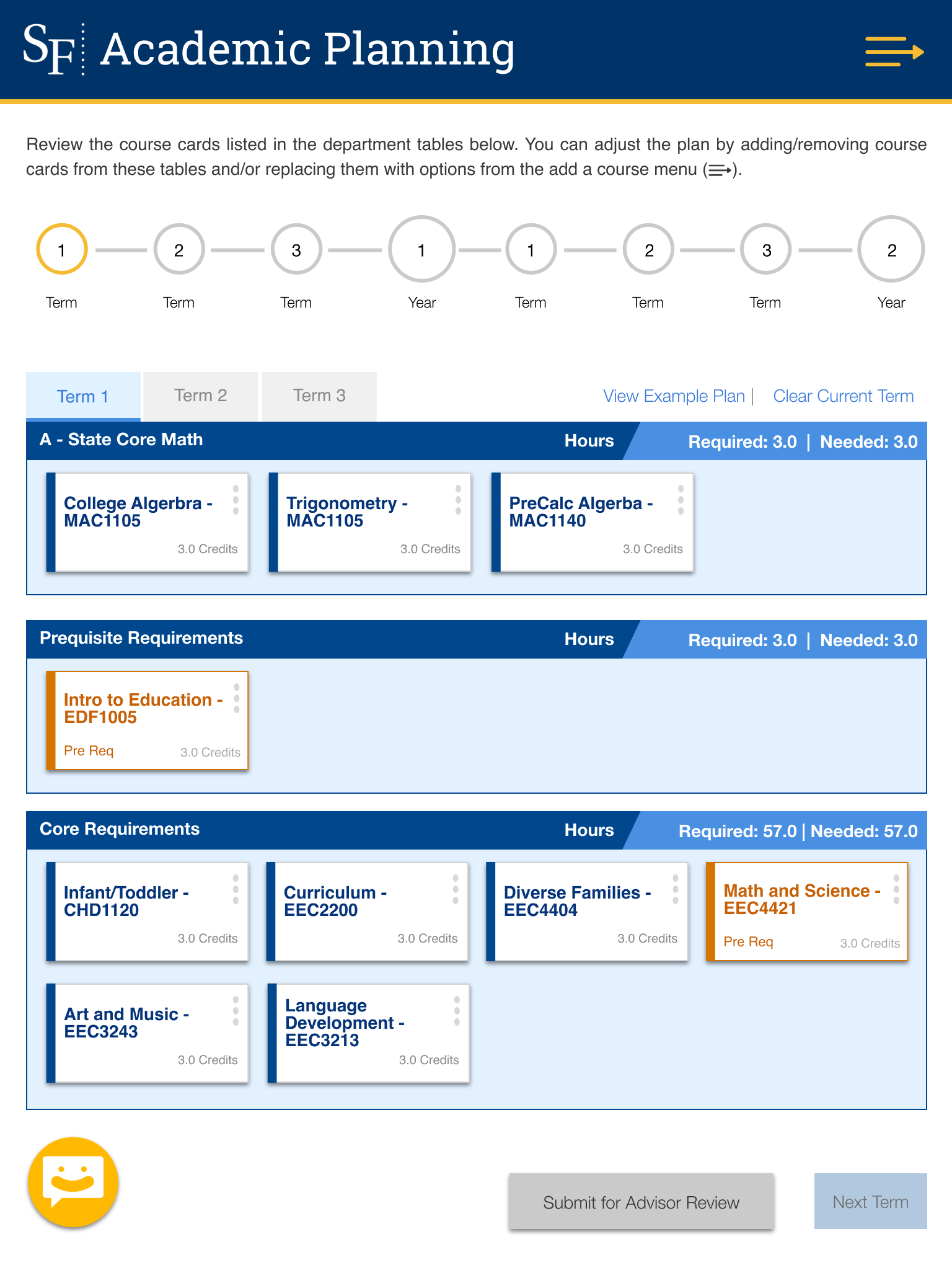 Tablet version of the Academic Planning application